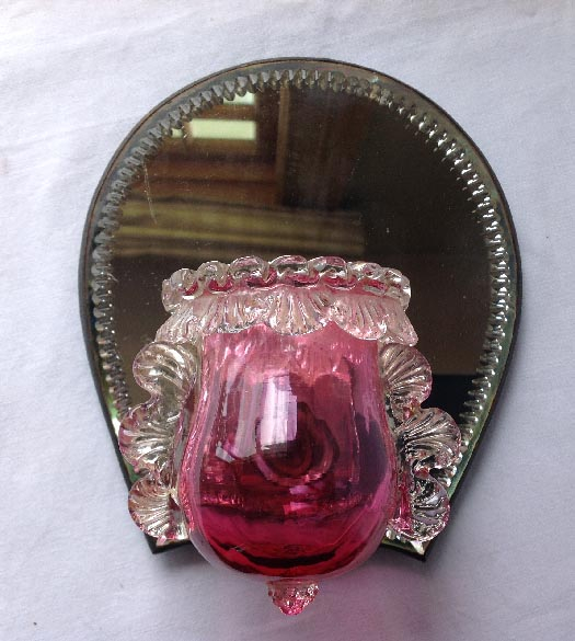 circa 1880 mirror backed ruby cranberry glass shaving mirror